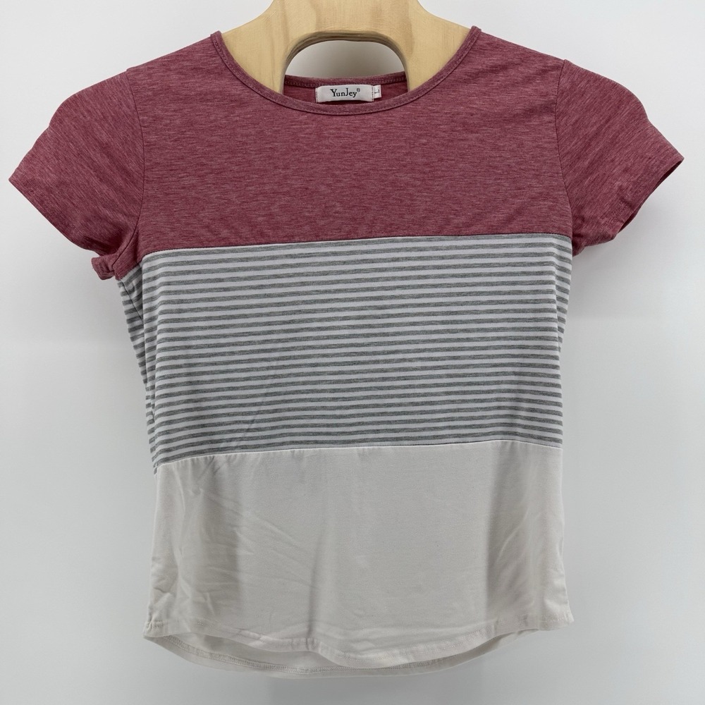 YunJey‎ Women's Multicolor Striped Top Round Neck Short Sleeve Comfy Size Large
